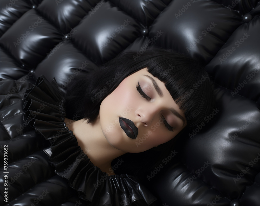 A girl sleeping on a pillow . Dominantly black color photo.Copy space,top view,flat lay.Minimal rest concept. Advertising bedding, pillows, and beds With an emphasis on comfort. A girl sleeping on a pillow . Dominantly black color photo.Copy space,top view,flat lay.Minimal rest concept. Advertising bedding, pillows, and beds With an emphasis on comfort.