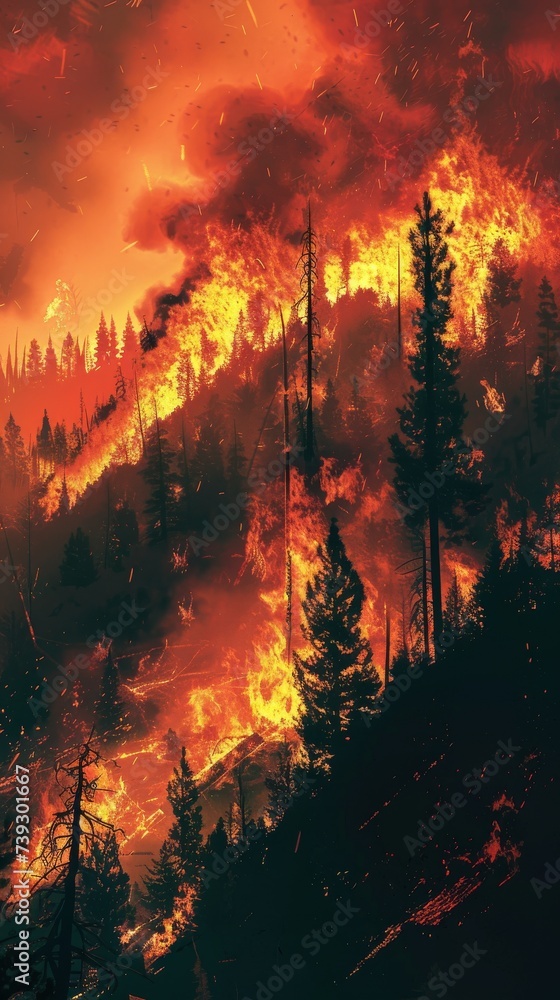 Forest fires Illustrate the intensity and destructive power of wildfires exacerbated by climate change
