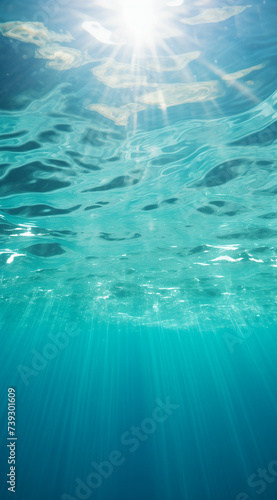 blue sea underwater photo.Minimal nature and summer vacation concept.Flat lay,top view,copy space.Trendy social mockup or wallpaper.Advertisement for summer season travel agencies.