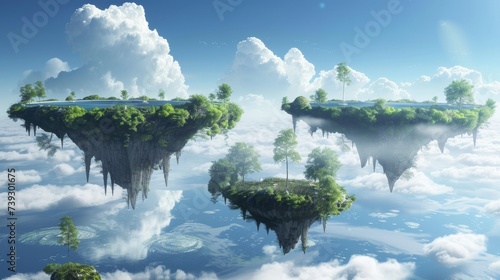 Extraterrestrial landscape with floating islands and alien flora