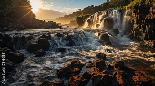 A powerful and solitary waterfall, the spray creating rainbows in the sunlight, the rugged landscape