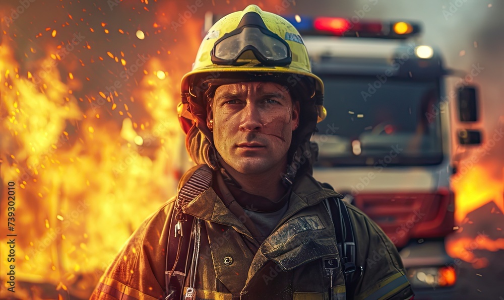 Fireman standing in front of a fire background. Fireman standing in front of a fire background.