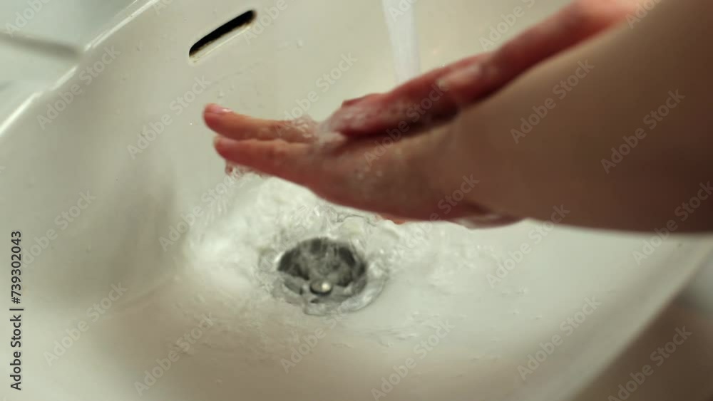 Bathroom, close-up of washing hands in the sink. Clean water from the tap, a woman washes her hands. White sink, cold water. Maintaining hygiene, without bacteria Bathroom, close-up of washing hands in the sink. Clean water from the tap, a woman washes her hands. White sink, cold water. Maintaining hygiene, without bacteria