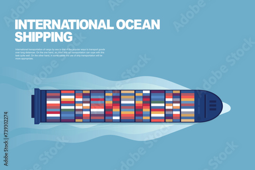 Top view of an industrial marine vessel on a maritime background. Maritime transportation. Logistics of maritime transportation.  Maritime shipping. Merchant fleet. Cargo ship. vector illustration.