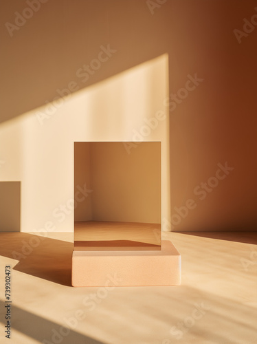 empty room with mirror on a pedestal.Minimal creative interior concept.Peach fuzz.Top view,copy space.Generative AI