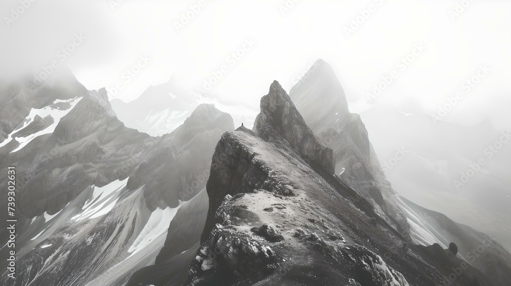 Solitary figure trekking on a narrow mountain ridge amidst misty peaks