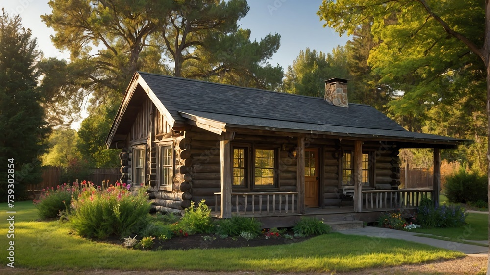 Small old cabin house with entrance porch and front yard lawn and flower beds, with morning sunlight from Generative AI Small old cabin house with entrance porch and front yard lawn and flower beds, with morning sunlight from Generative AI