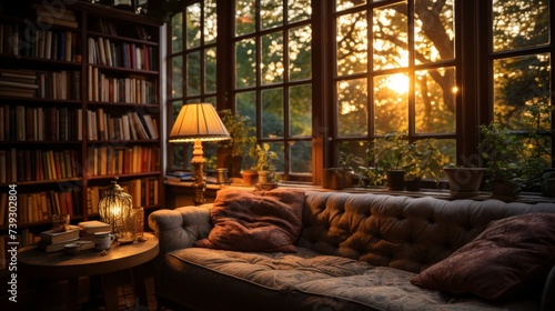 A peaceful home library at evening, shelves lined with well-loved books, a comfortable reading nook © ProVector