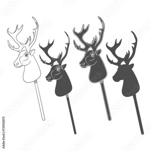 Set of black and white illustrations with hobby horse deer toy on stick. Isolated vector objects on white background.
