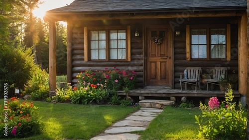 Small old cabin house with entrance porch and front yard lawn and flower beds, with morning sunlight from Generative AI photo