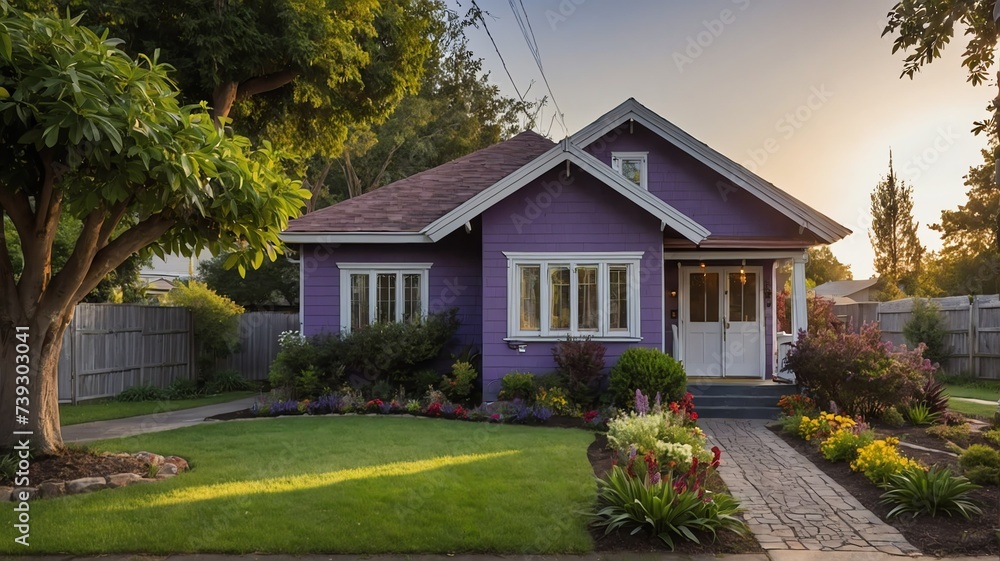 Small old purple theme house with entrance porch and front yard lawn and flower beds, with morning sunlight from Generative AI