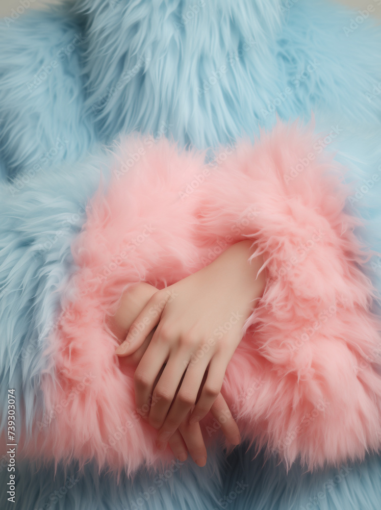 person in fur.Minimal fashion concept.Copy space,top view,flat lay.Generative AI person in fur.Minimal fashion concept.Copy space,top view,flat lay.Generative AI