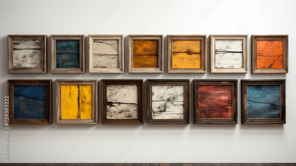 Fototapeta premium A set of assorted picture frames, empty and various in style and size, arranged artistically against