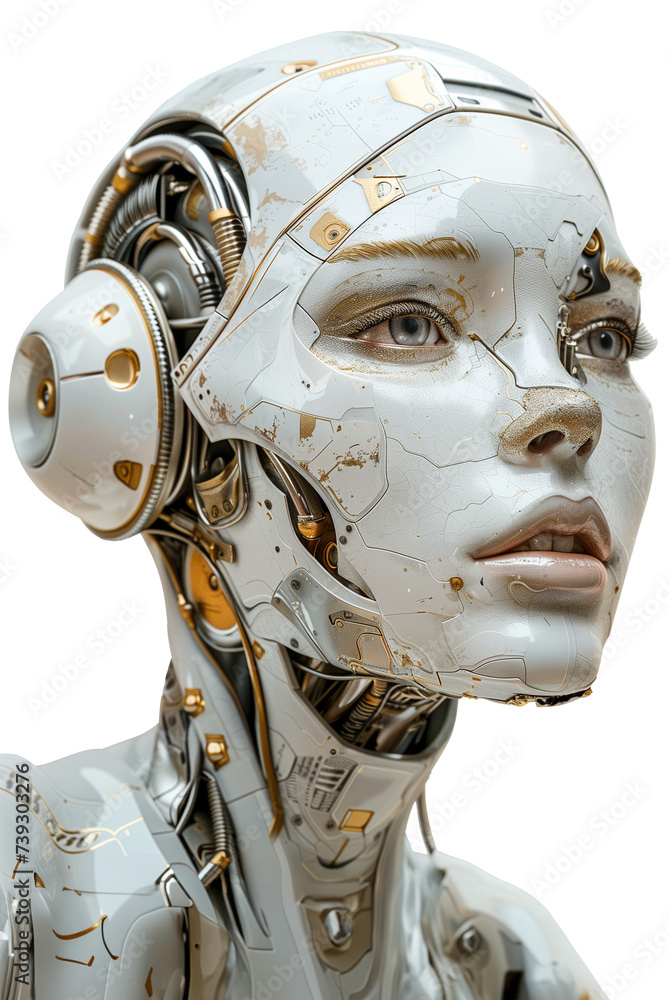 Close up face of white porcelain Android woman. Future, modern technology and innovations concept Close up face of white porcelain Android woman. Future, modern technology and innovations concept
