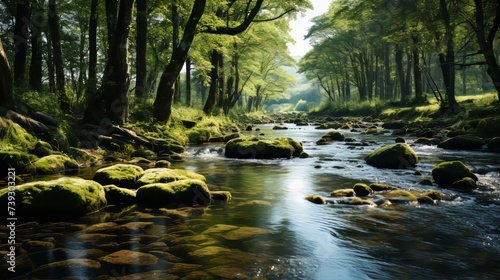 A tranquil river meandering through a lush forest, light filtering through the canopy, creating dapp