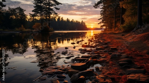 A twilight scene by a secluded forest lake, the last light of day casting a soft glow on the water a