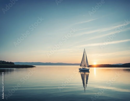minimalistic photograph of a sailboat with its sails up on a calm lake at summer sunrise,