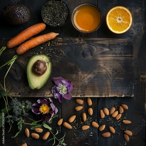 wooden board view avocado  tea leaves oranges, still life with fruits and vegetables