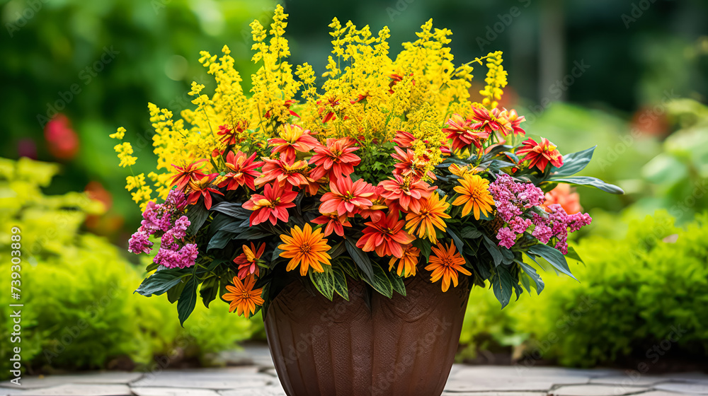 A delightful composition of vibrant summer flowers fills a large pot, adding charm to the garden landscape with its colorful blooms. A delightful composition of vibrant summer flowers fills a large pot, adding charm to the garden landscape with its colorful blooms.