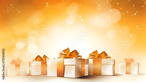 holiday background with festive gift boxes and shiny bokeh. Valentines day, Woman's day or Christmas gold background
