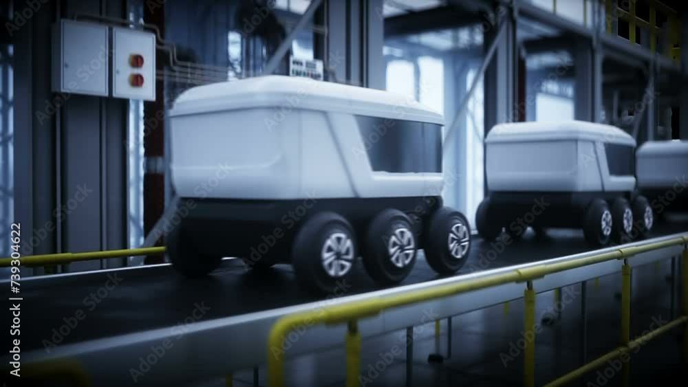 Delivery electric vehicle production line. Factory. Future concept. Realistic 4k animation. Delivery electric vehicle production line. Factory. Future concept. Realistic 4k animation.