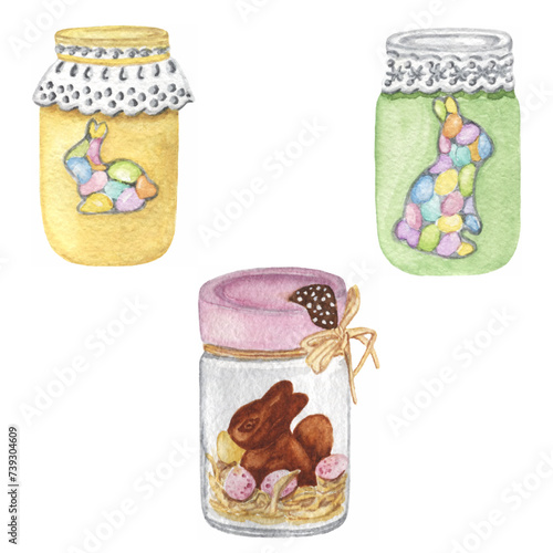 vector watercolor easter elements cute bunny and egg jars