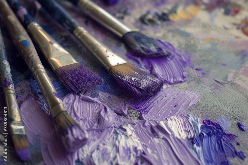 Obraz premium A collection of brushes set on a palette with shimmering violet paint