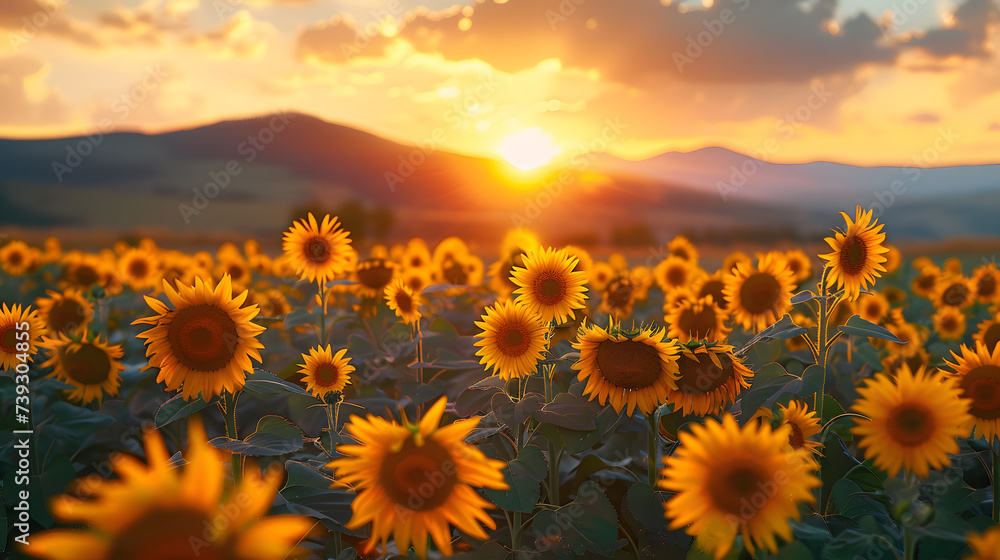 Obraz premium A vibrant sunflower field, with towering mountains as the background, during a golden sunset