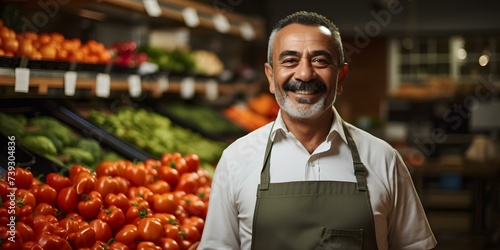Hispanic produce store employee poses with apron - space for text. Concept Hispanic Employee, Produce Store, Apron Pose, Space for Text