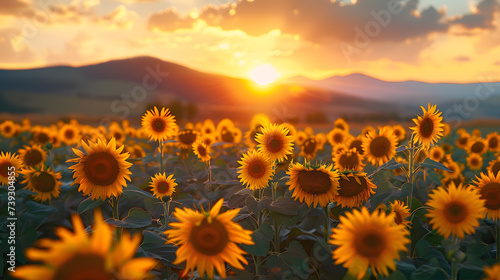 A vibrant sunflower field, with towering mountains as the background, during a golden sunset