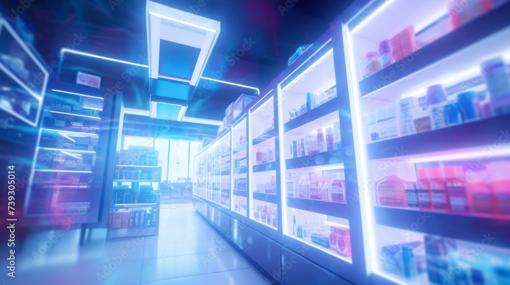 The blurred abstract interior of a pharmacy with neon lighting, shelves with medicines, vitamins, dietary supplements and cosmetics in a bright building.
