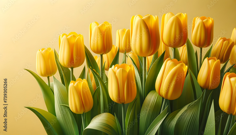 Yellow tulips on a yellow background. Spring flower background. Yellow tulips on a yellow background. Spring flower background.