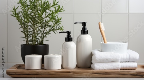 A stylish collection of bathroom accessories, such as dispensers, toothbrushes, and jars, on a pure