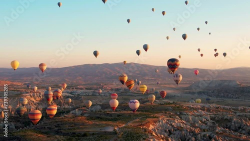 Aerial view of many colorful hot air balloons fly in the sky over a mountain valley at summer sunrise in Cappadocia, Turkey.