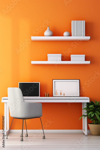 A mockup of a colorful office interior with a sleek white desk  a vibrant orange chair  and minimalist wall shelves.