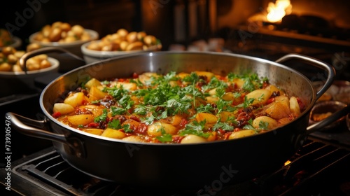 A pot of homemade stew simmering on a stove, ingredients and spices nearby, focus on the preparation