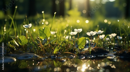 A serene meadow bathed in the soft light of the morning sun, dewdrops sparkling on the lush green gr