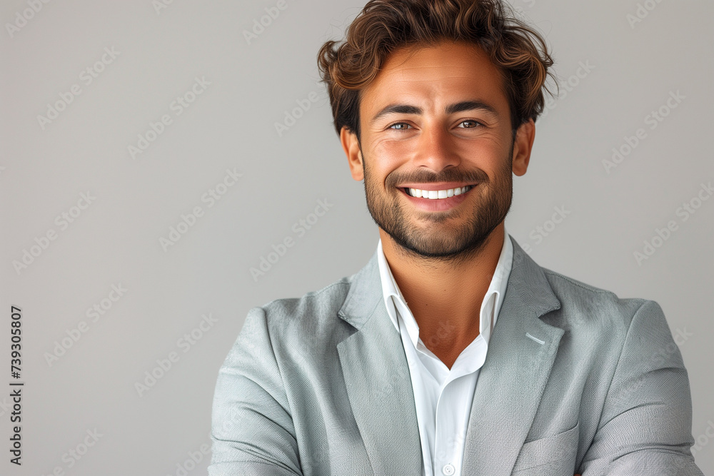 Portrait of cheerful handsome man wearing light gray suit and white shirt smiling next to gray backdrop in studio.