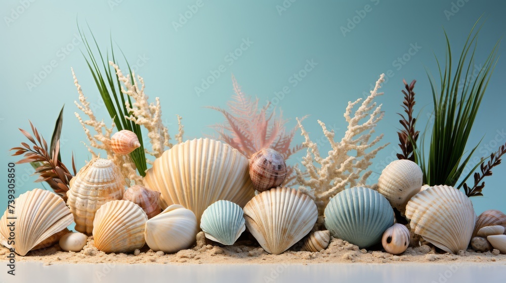 A minimalist display of rare and exotic seashells, each positioned precisely on a white isolated bac