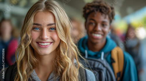 High school female student, 16 years old white girl teenager portrait and cheerful black boy on background. Happy and smiling teens. 