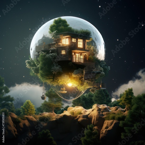 Flying house illustration of a fantasy fairy world in a fairy tale, real estate property background wallpaper. © Muamanah