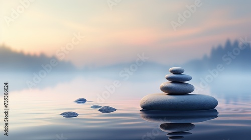 Minimalist Zen garden at dawn  harmonious balance of nature and simplicity  smooth stones in tranquil water