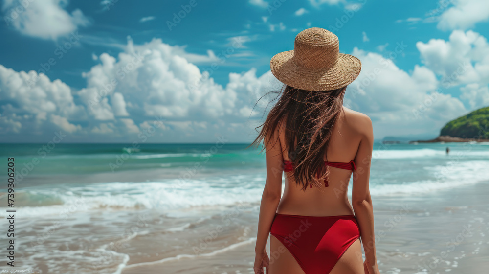 Back Asian model wear red swimsuit and straw hat stand on the miidle of beach and look view on hot day, Sun and UV rays hit the beautiful woman's protective layer