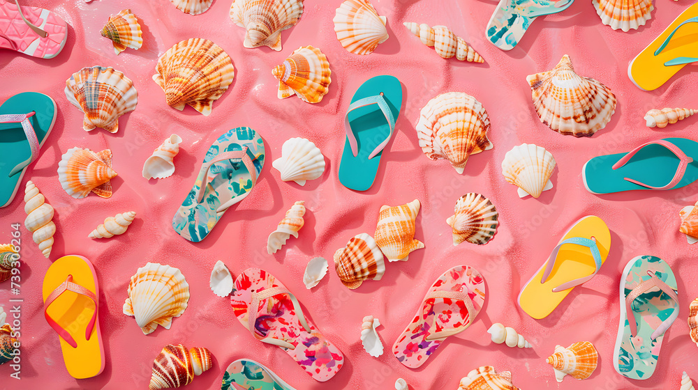 Tranquil Summer Beach Scene: Sandals, Shells, and Sandy Serenity Tranquil Summer Beach Scene: Sandals, Shells, and Sandy Serenity