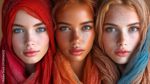 Three young women beauty fashion models with art makeup and covered heads with colourful scarfs.