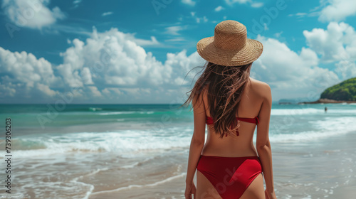 Back Asian model wear red swimsuit and straw hat stand on the miidle of beach and look view on hot day, Sun and UV rays hit the beautiful woman's protective layer