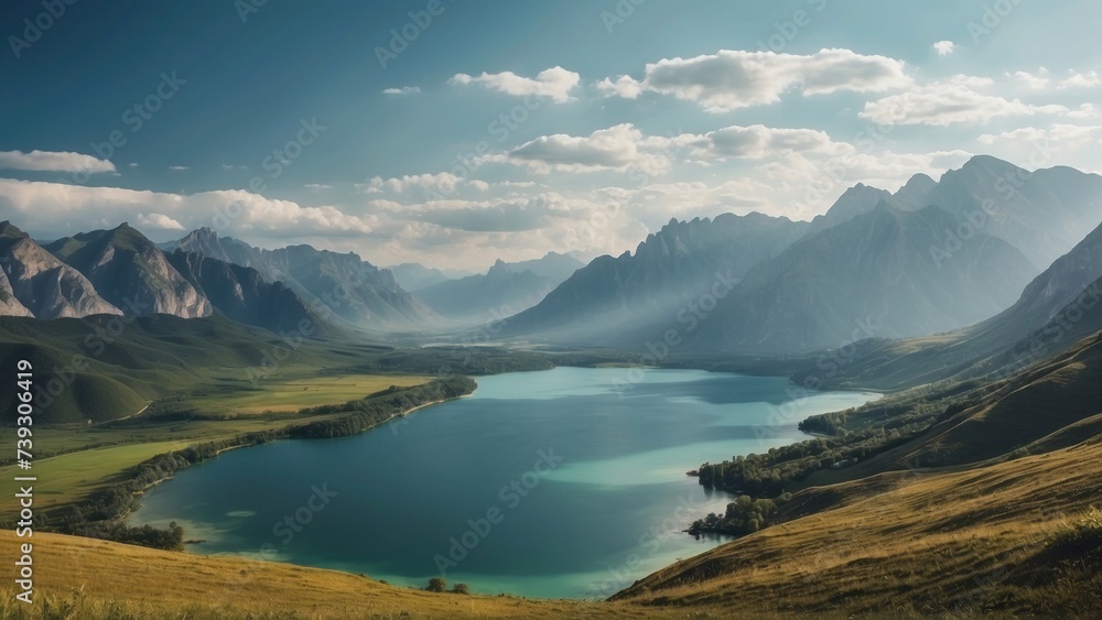 Fototapeta premium Explore a vast and diverse open world landscape of diverse hills, towering mountains and breathtaking lakes