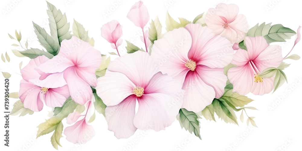 watercolor illustration decorative arrangement of white and pink Hibiscus syriacus and green leaves on transparent background. Florist bouquet. Korean National Day, Memorial Day, and Constitution Day.