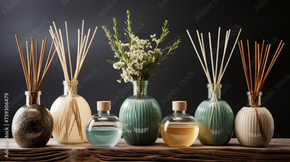 A serene collection of home fragrance diffusers and aromatizers, sleek reed diffusers, elegant aroma - obrazy, fototapety, plakaty 