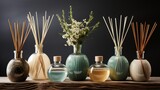 A serene collection of home fragrance diffusers and aromatizers, sleek reed diffusers, elegant aroma